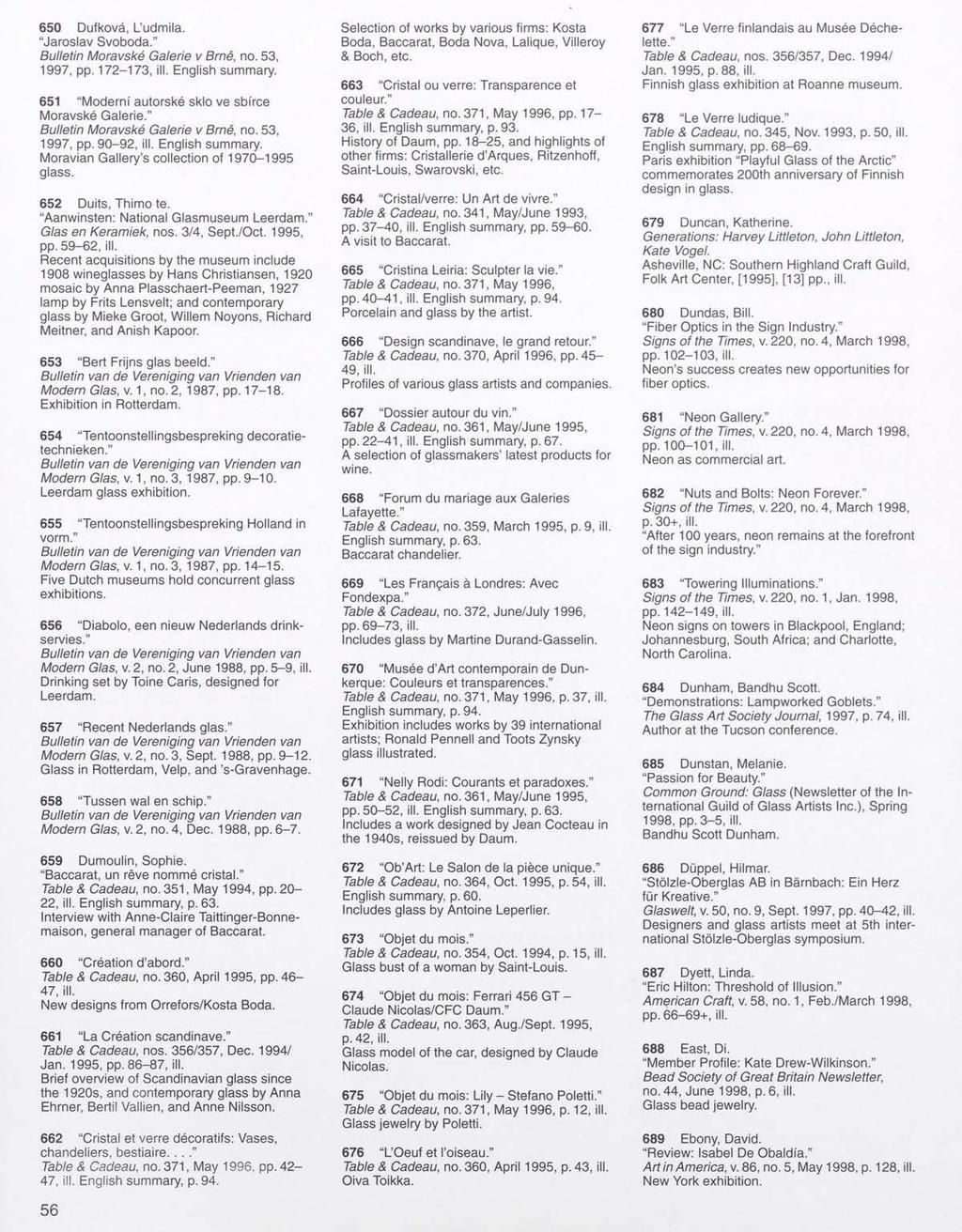 650 Dufkova, L'udmila. "Jaroslav Svoboda." Bulletin Moravske Galerie v Brne, no. 53, 1997, pp. 172-173, ill. English summary. 651 "Moderni autorske sklo ve sbi'rce Moravske Galerie.
