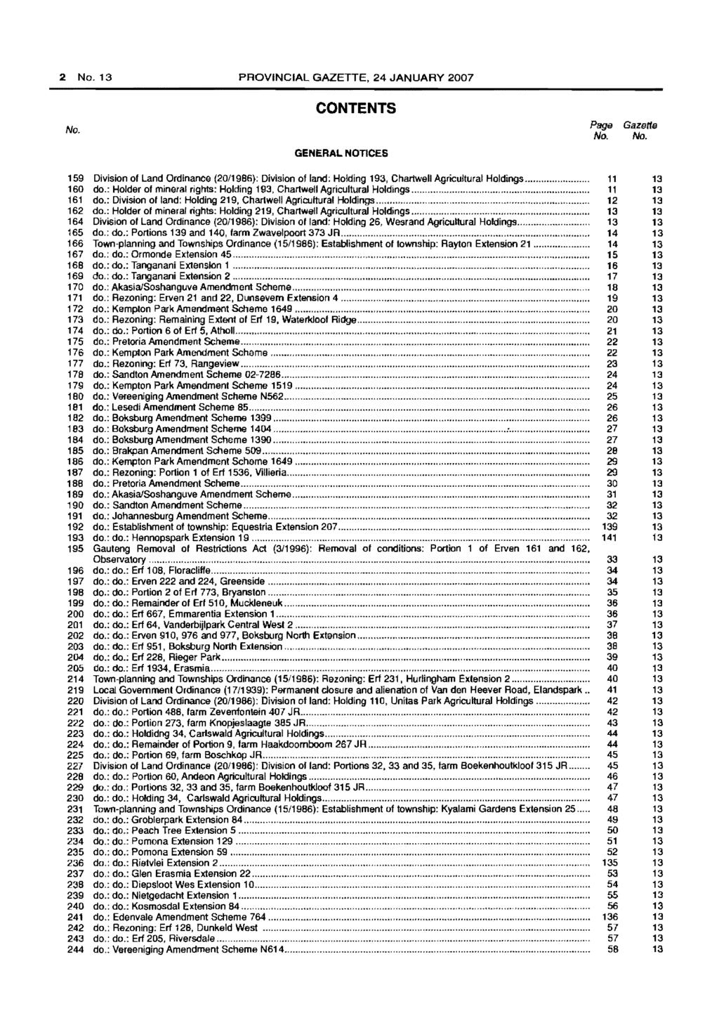 2 No.13 PROVINCIAL GAZETTE, 24 JANUARY 2007 No. CONTENTS Page No. Gazelle NIl. GENERAL NOTICES 159 Division of Land Ordinance (20/1986): Division of land: Holding 193, Chartwall Agricultural Holdings.