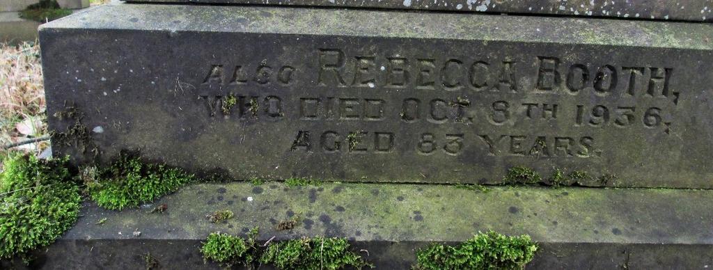 After she died on 8 th October 1936 she was buried on 10 th October 1936 in plot K62 with her sister Elizabeth Ann Booth although her memorial inscription is on her brother s family plot K61.