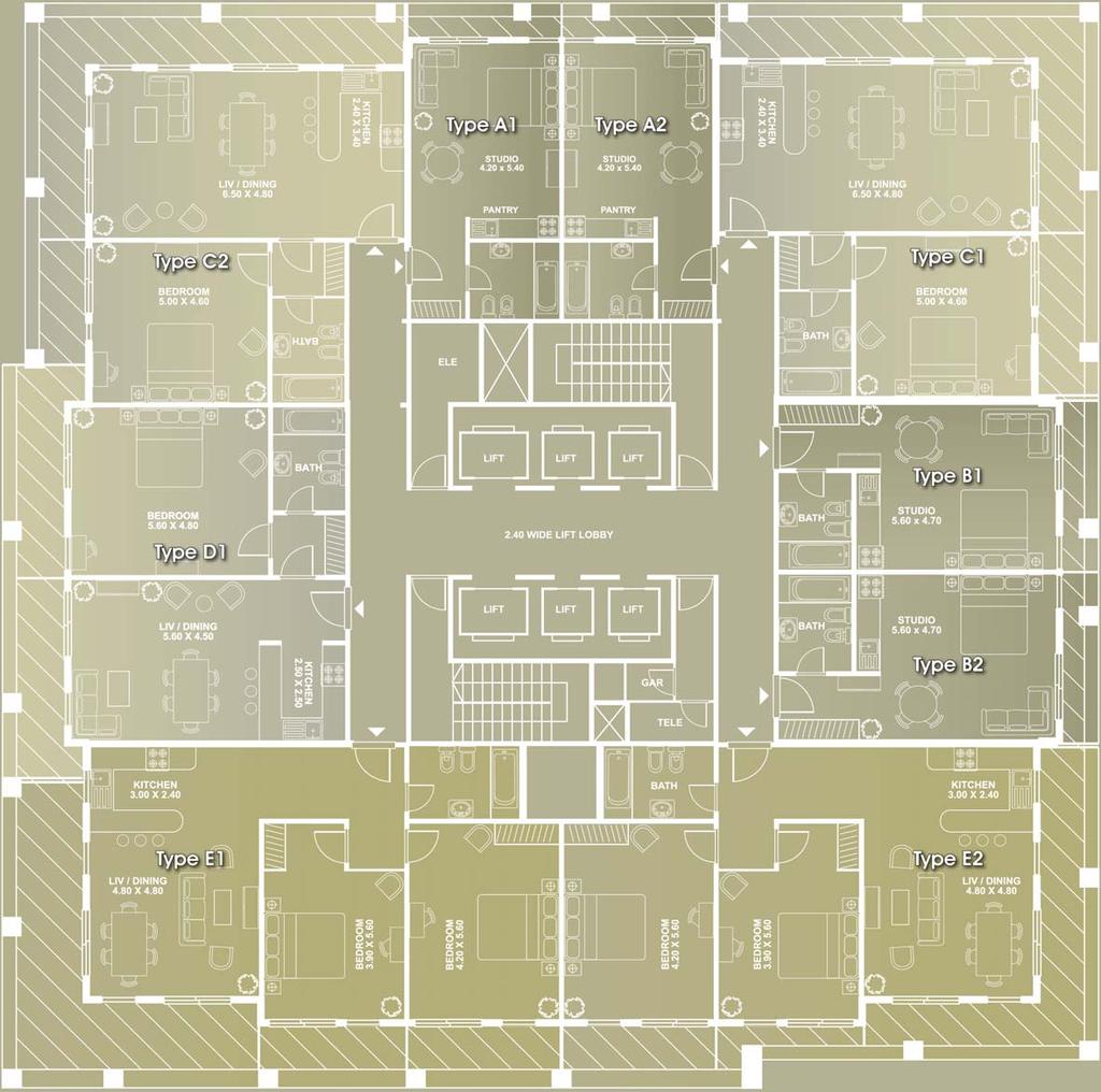 Residential Floor Plan for Tower 1 Type A1 Studio Type A2 Studio Type B1 Studio 39.38 sqm 39.38 sqm 43.89 sqm Type B2 Studio Type C1 One Bedroom Type C2 One Bedroom 43.
