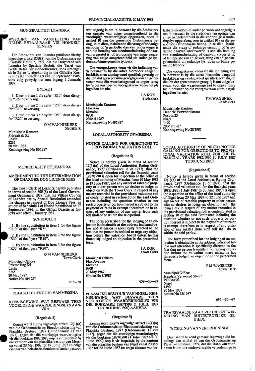 PROVINCIAL GAZE1 IR, 20 MAY 1987 1267 MUNISIPALITEIT LEANDRA wat begerig is om 'n beswaar by die Stadsklerk lasbare eiendom of ander persoon wat begerig is r ten opsigte van enige aangeleentheid in