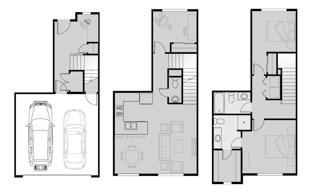 3 Bedroom Townhome Plan Total SF: 1,417 - Attached 2 Car Garage - Two and One Half Bathrooms - Dramatic 9 Foot Ceilings - Oversized Closets - Additional Storage Closet - Home Office Space - Coat