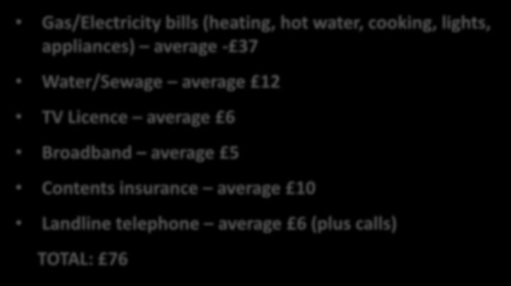 Gas/Electricity bills (heating, hot water, cooking, lights, appliances) average - 37 Water/Sewage average 12 Contents TV Licence insurance average 6 average 10 TV Broadband