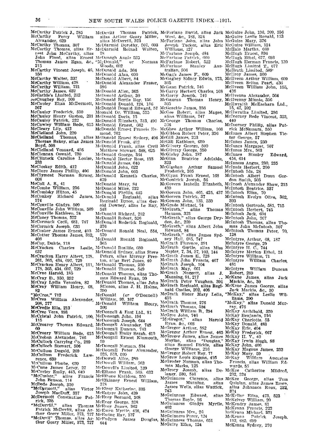 36 NEW SOUTH WALES POLICE GAZETTE INDEX -- 1921. McCarthy Patrick J.