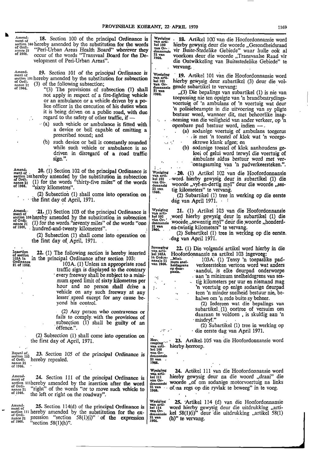 PROVINSIALE KOERANT 22 APRIL 1970 1169 Amend 18 Section 100 of the principal Ordinance is %sung ment of van artisection 100 hereby amended by the substitution for the words kel 100 18 Artikel 100 van