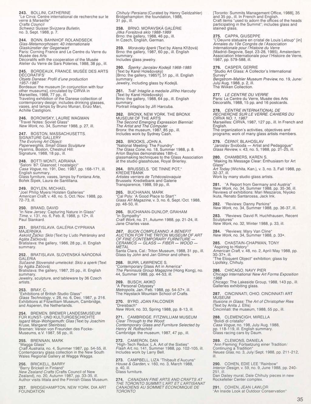 243. BOLLINI, CATHERINE "Le Cirva: Centre international de recherche sur le verre a Marseille" Crafts Council Schweiz/Suisse/Svizzera Bulletin, no. 3, Sept. 1988, p. 7. 244. BONN.