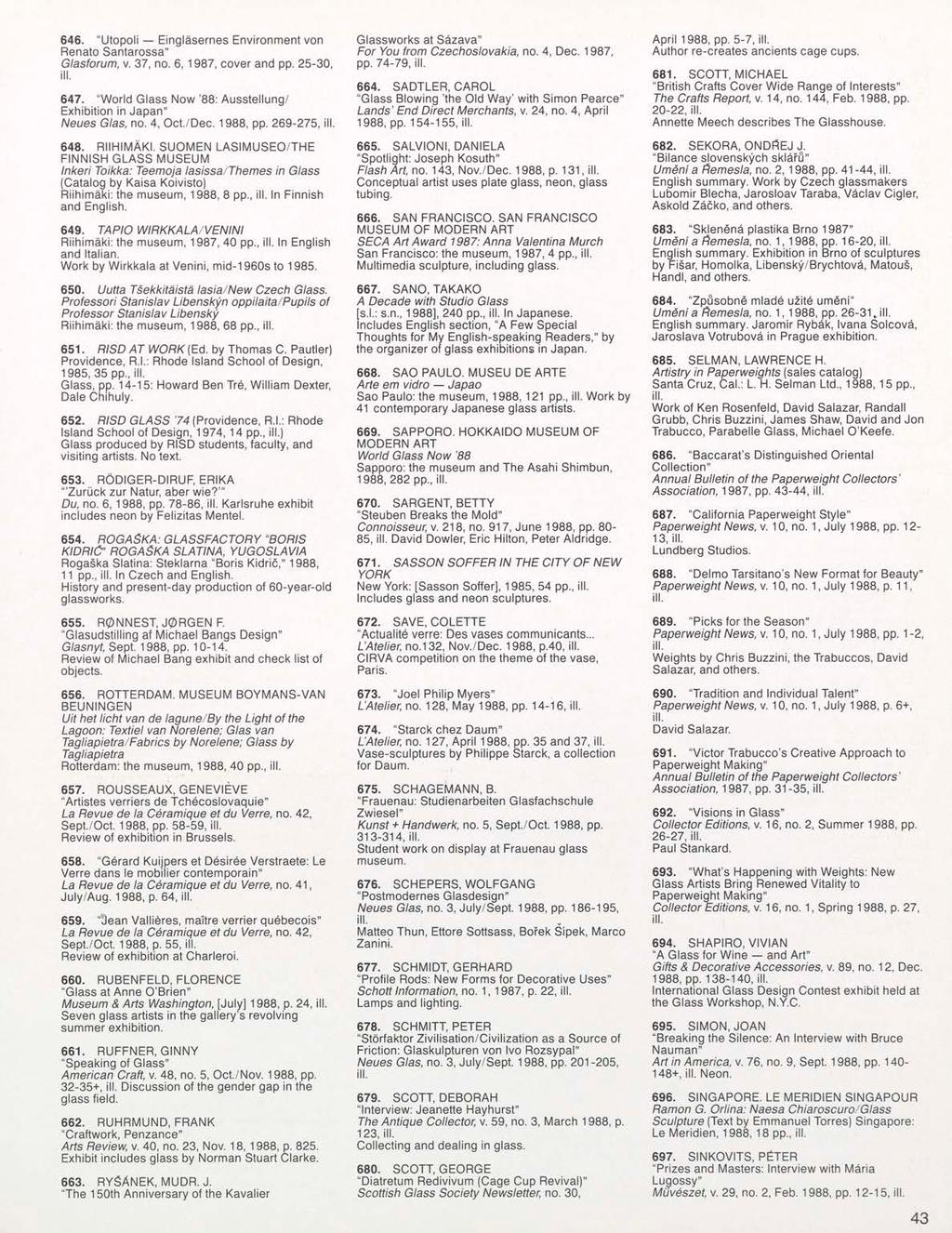 646. "Utopoli Einglasernes Environment von Renato Santarossa" Glasforum, v. 37, no. 6, 1987, cover and pp. 25-30, 647. "World Glass Now '88: Ausstellung/ Exhibition in Japan" Neues Glas, no. 4, Oct.