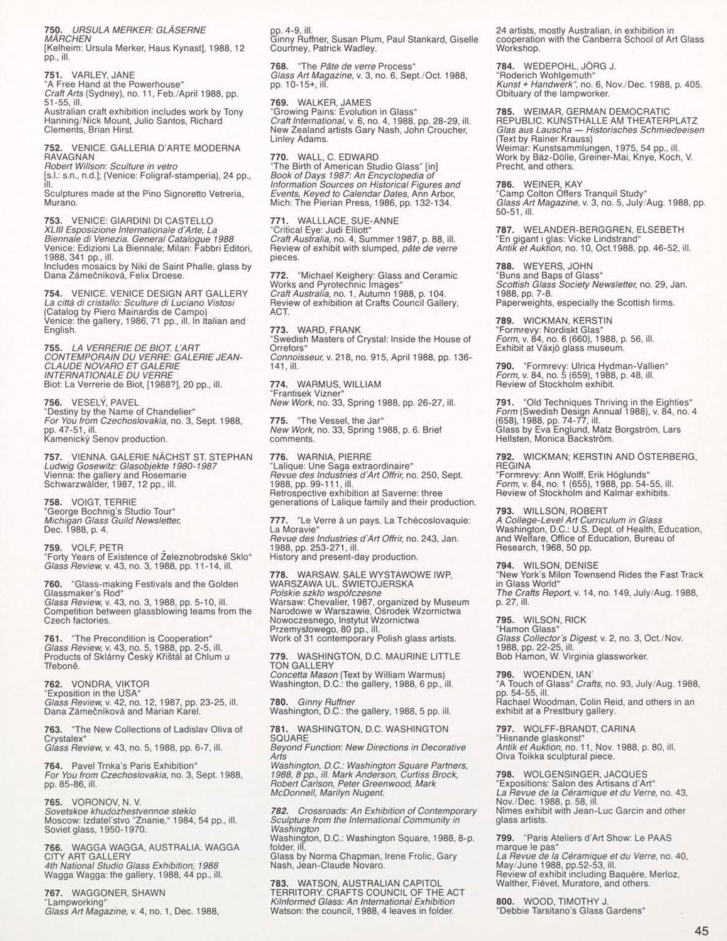 750. URSULA MERKER: GLASERNE MARCHEN [Kelheim: Ursula Merker, Haus Kynast], 1988, 12 pp., 751. VARLEY, JANE "A Free Hand at the Powerhouse" Craft Arts (Sydney), no. 11, Feb./April 1988, pp.