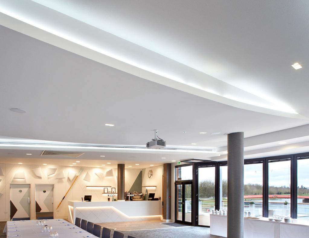 Rockfon Mono Acoustic played an important role in establishing the room s identity and purpose. Three long, linear acoustic rendered rafts were installed in the Lake View Room.