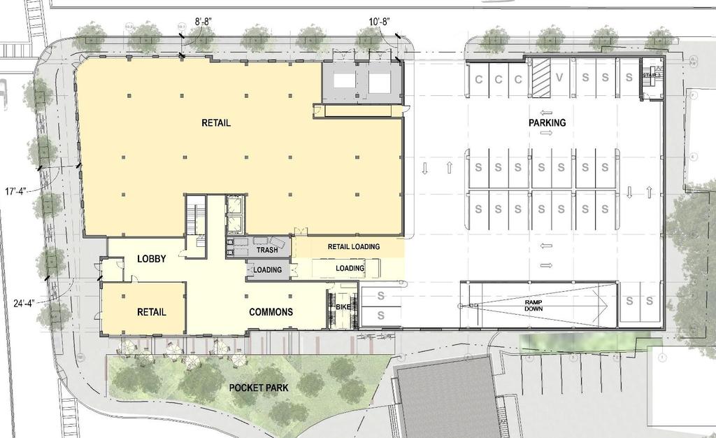 Ground Floor Plan The urban realm of the site will be improved by widening the sidewalks and adhering to Boston s Complete Streets program, providing street trees, bike racks, and pervious paving