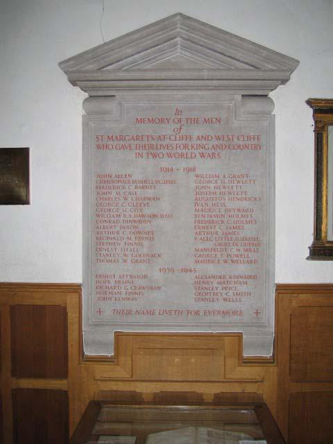 ST MARGARET`S-AT-CLIFF & WESTGATE The parish tribute inside the St Margaret s church is in the form of a large marble tablet with red lettering.