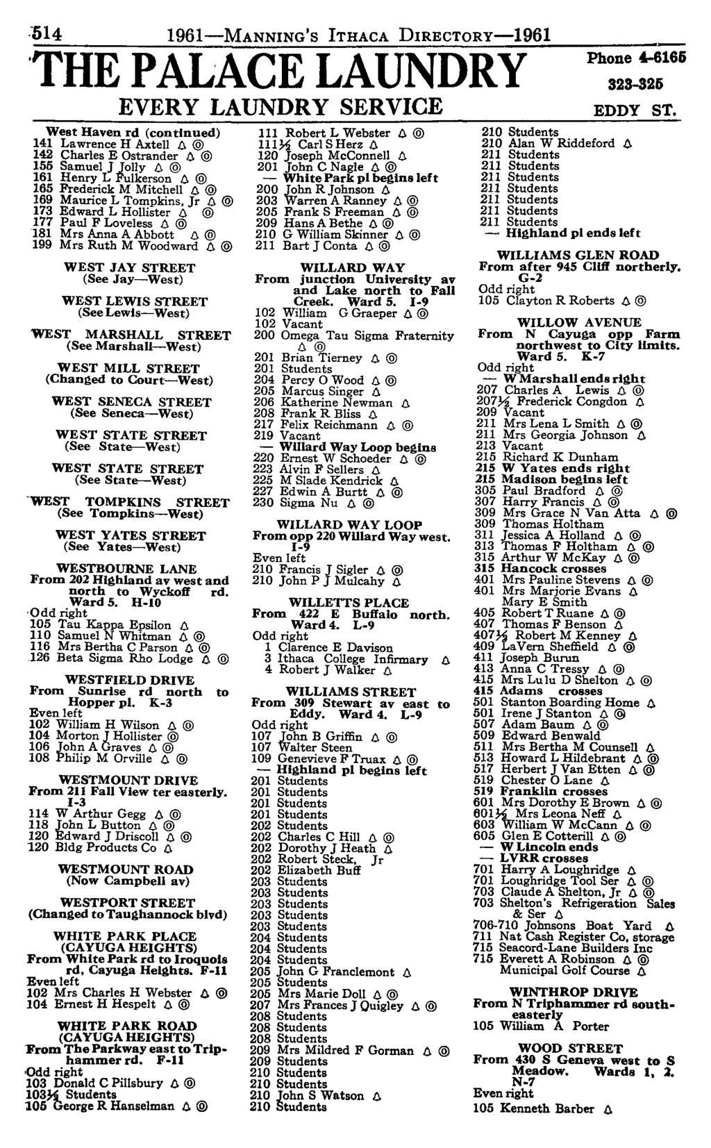 1)14 1961-MANNING'S ITHACA DIRECTORy-1961 'THE PALACE LAUNDRY EVERY LAUNDRY SERVICE West Haven rd (continued) 141 Lawrence H Axtell l), 142 Charles E Ostrander l), 155 Samuel I Jolly l), 161 Henry L