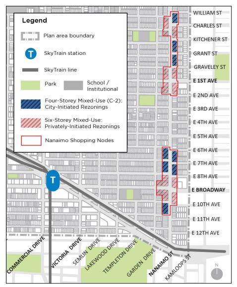 City-initiated rezoning: Commercial Node C-2 (Mixed Use) Changes This map shows blocks with C-2 zoning (4-storey mixed use), as well as areas identified for privately initiated