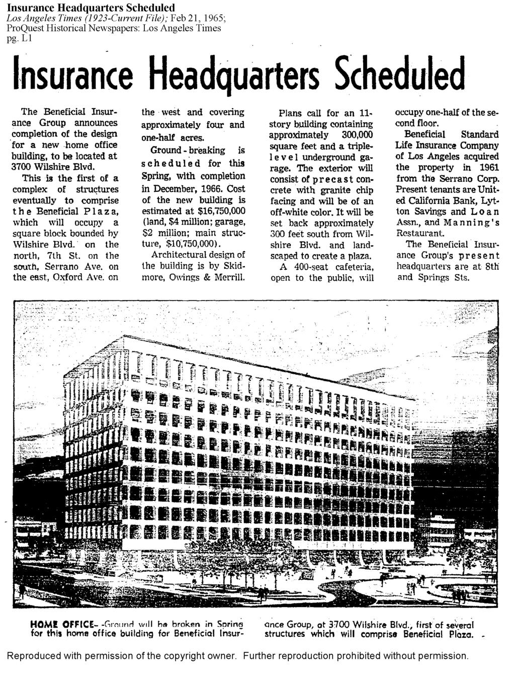 nsurance Headquarters Scheduled Los Angeles Tmes (1923-Current Fle); Feb 21, 1965; ProQuest Hstorcal Newspapers: Los Angeles Tmes pg L nsurance The Benefcal nsurance Group announces completon of the