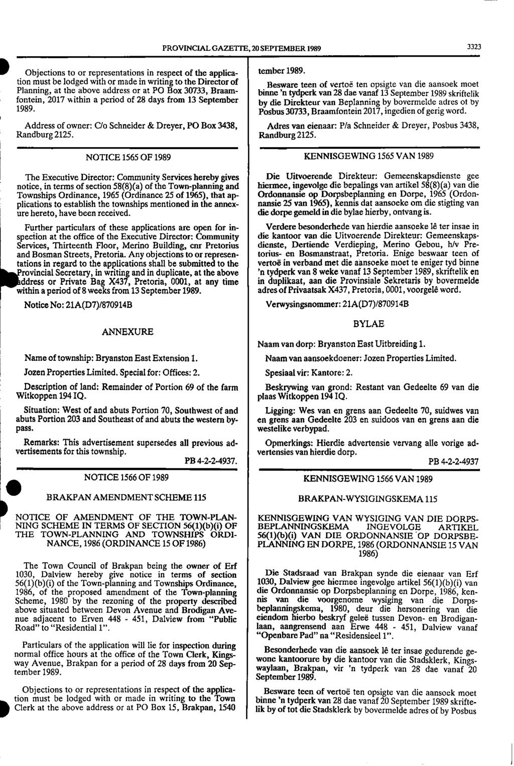 1 Name 1 NING PROVINCIAL GAZETTE, 20 SEPTEMBER 1989 3323 1111 Objections to or representations in respect of the applica tember 1989.