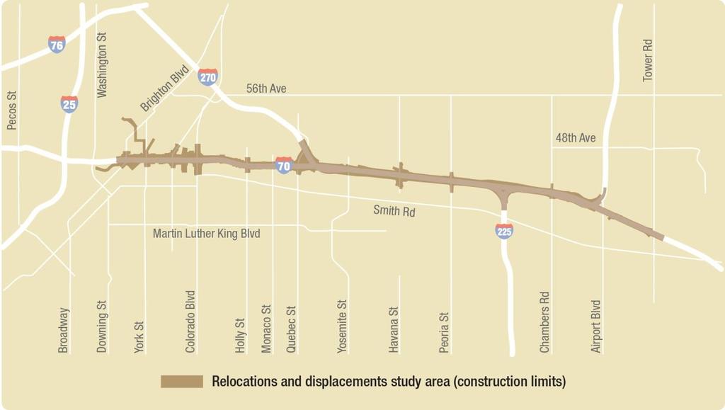 5.5 Relocations and Displacements I-70 East Final EIS anticipated construction limits extend five feet to 10 feet from the edge of the proposed permanent roadway footprint, 15 feet from walls, and 20