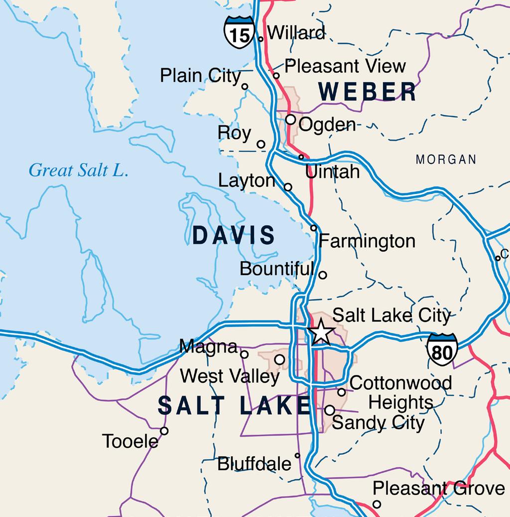 Location Overview The Ogden-Clearfield metro of northern Utah, located between the Wasatch Mountains and the Great Salt Lake, consists of Weber, Davis and Morgan counties.