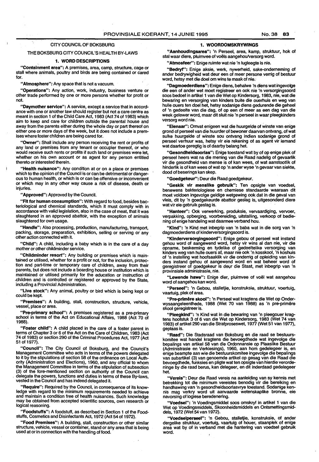 PROVINSIALE KOERANT, 14 JUNIE 1995 No. 83 CITY COUNCIL OF BOKSBURG THE BOKSBURG CITY COUNCIL'S HEALTH BY-LAWS 1.