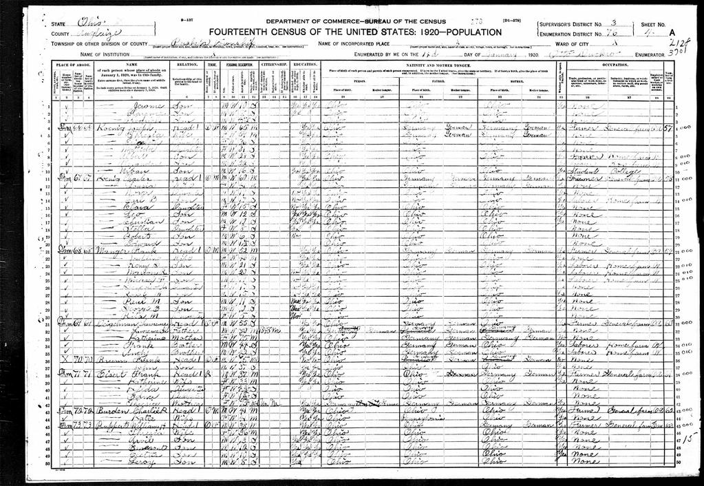 Francis BRUNN was a farmer. Census from Pusheta Twp, Auglaize Co, : 1900 1910 1920 Catherine (WARMUTH) BRUNN died on June 18, 1896 in Fryburg,. She is buried in Rupert Cemetery.