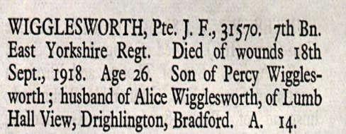 By the time of his death the Wigglesworth parents had moved to Lumb Hall View in Drighlington.