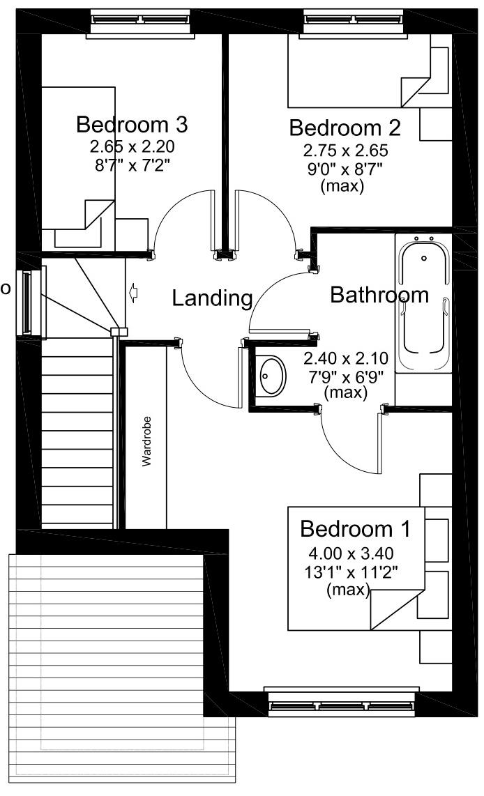 0 (17'4" x 9'8") 2.6 x 2.0 (8'5" x 6'6") 3. Second Floor Bedroom One 4.0 x 3.4 (13'1" x 11'2") Bathroom 2.