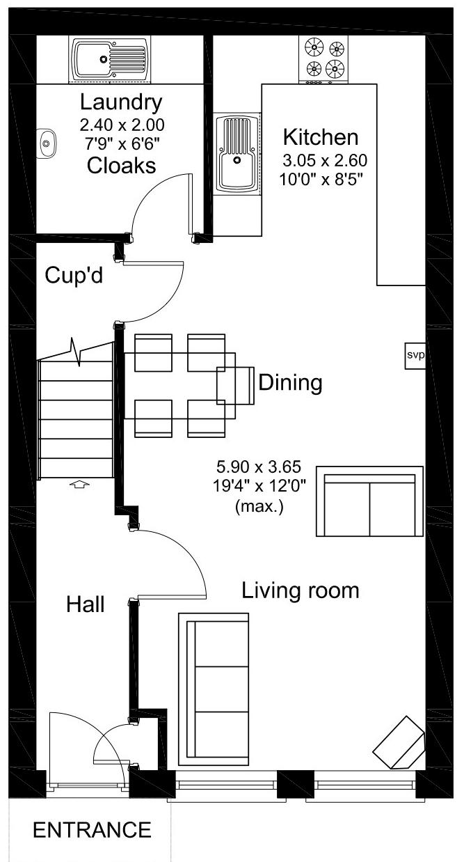 The Merrall Living/Dining Laundry/Cloaks 5.9 x 3.65 (19'4" x 12'0") 3.05 x 2.6 (10'0" x 8'5") 2.4 x 2.