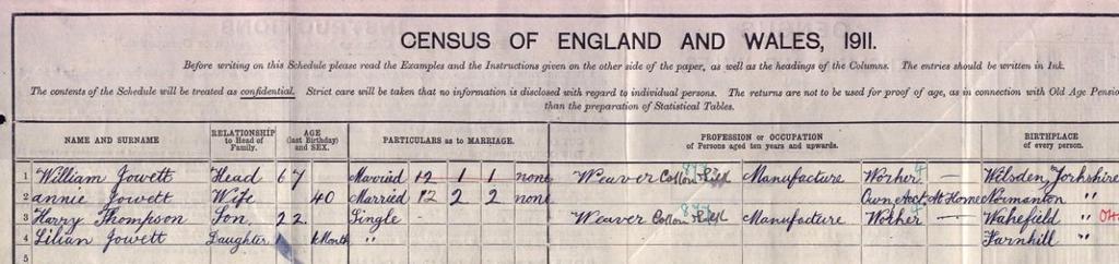 On 23 rd March 1911, Annie and William had a daughter, Lillian, a step-sister to the 22-year old Harry. She was baptised a couple of months later in St. Andrew s church, Kildwick.