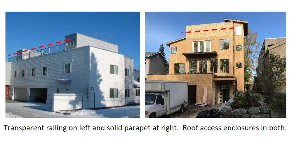 2. Revise Height Exceptions for Rooftop Appurtenances in R-1/R-2 Zones b. Reduce the height exception for solid parapet walls while continuing to allow railings to exceed the height limit.