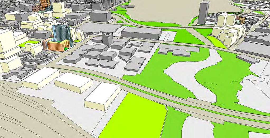 Figure 3.4: ILLUSTRATIVE VIEW OF POTENTIAL DEVELOPMENT: LANEY/PERALTA Note: This illustrative view is of building massing only (not design), as originally developed in August 2011.