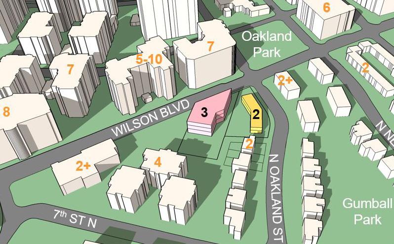 Low-Medium Residential / Service Commercial GLUP Scenarios Approximate heights, in stories, indicated on each building Buildings shown in pink indicate Service