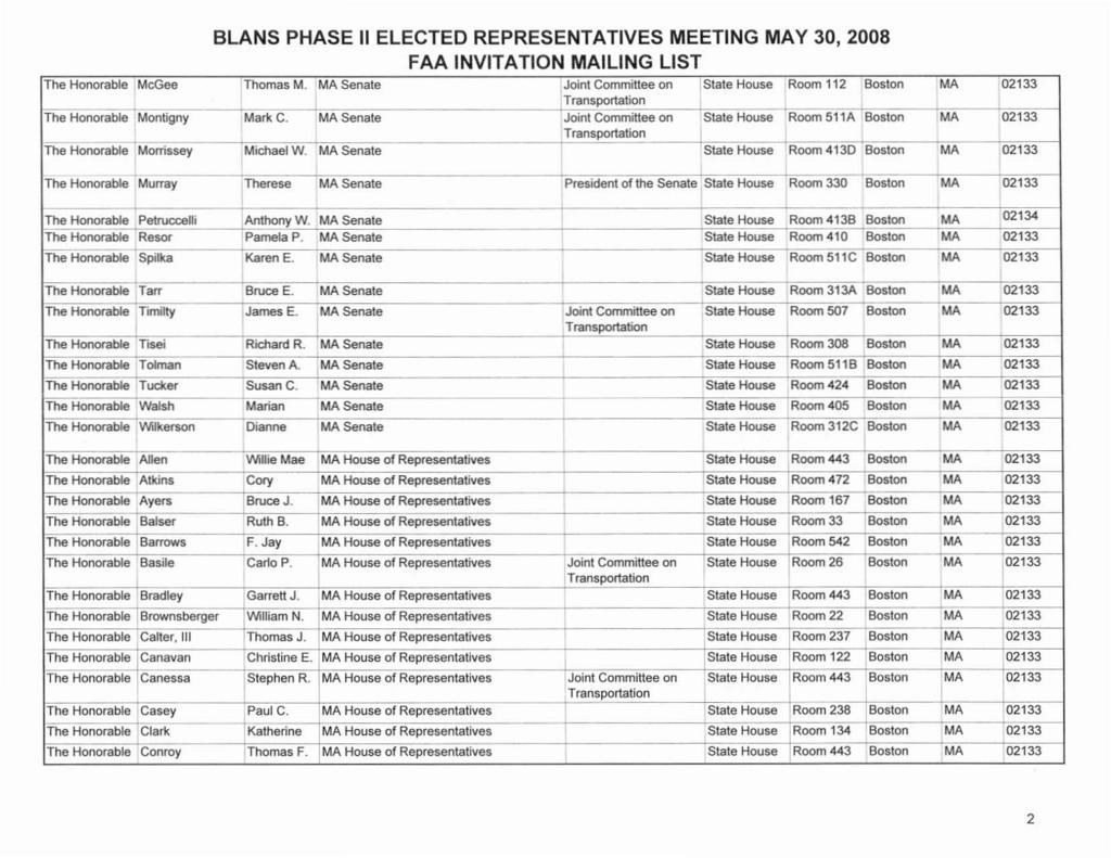 BLANS PHASE ELECTED REPRESENTATVES MEETNG MAY 302008 The Honorable McGee Thomas M. MA Senate ~oint Committee on State House Room 112 Boston MA 02133 The Honorable Montigny Mark C.