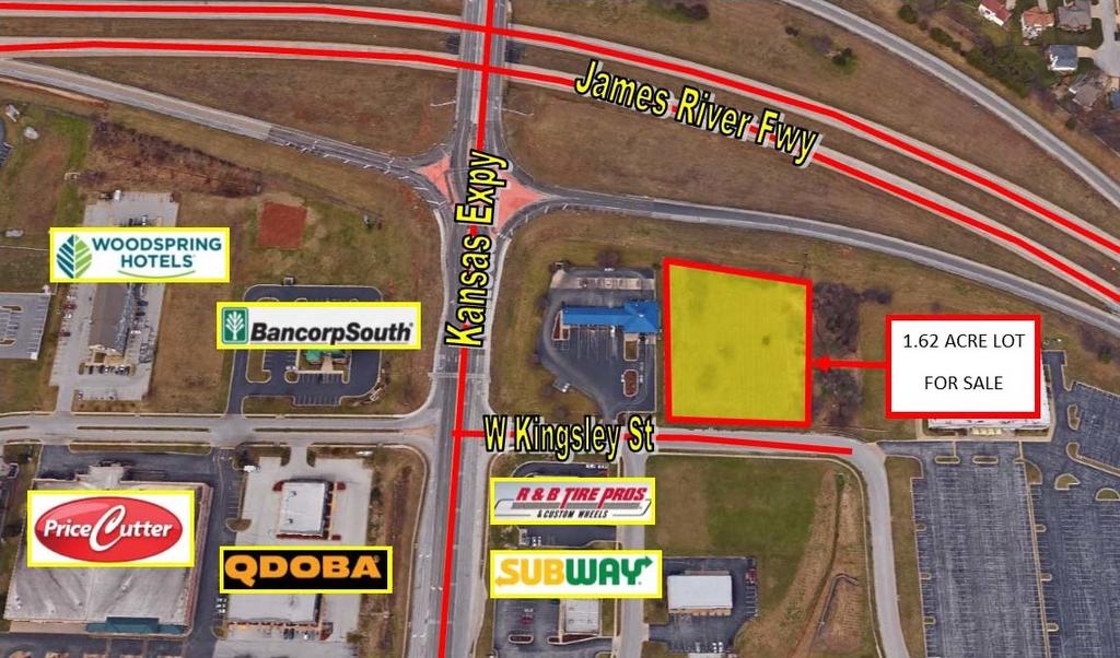HIGHLY VISIBLE SITE FOR SALE 1.62 ACRES ON KANSAS EXPY & JAMES RIVER FRWY SALE OVERVIEW SALE PRICE: $705,672 PRICE / SF: $10 LOT SIZE: 1.62 Acres 1.