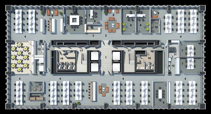 Building B 2 nd - 9 th floor plan 1 elevator lobby 2 entrance 3 reception 4 open space 5 hot desks 6 individual office 7 closed office 8