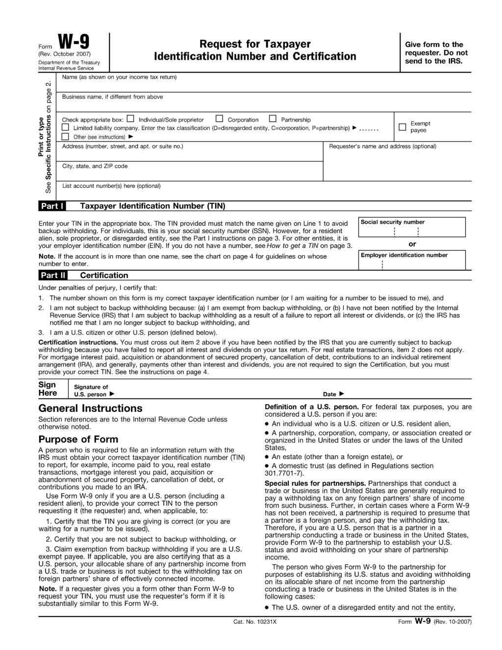 247 Form W-9 Request for Taxpayer Give form to the (Rev. October 2007) Identification Number and Certification Department of the Treasury Internal Revenue Service C\i Q) Ol Cil 0.