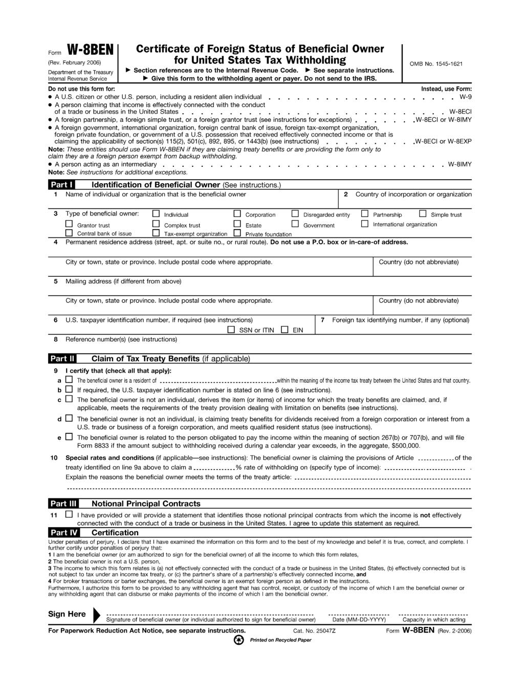 Form W BBEN (Rev. February 2006) Department of the Treasury Internal Revenue Se