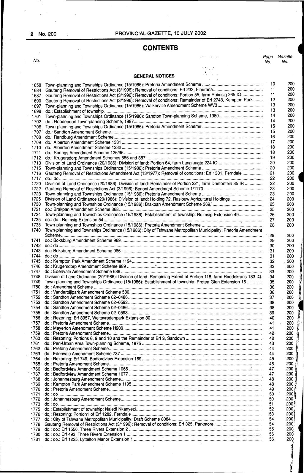 2 No. 200 PROVINCIAL GAZETTE, 10 JULY 2002 No. CONTENTS Page No. Gazette No. GENERAL NOTICES 1658 Town-planning and Townships Ordinance (15/1986): Pretoria Amendment Scheme.