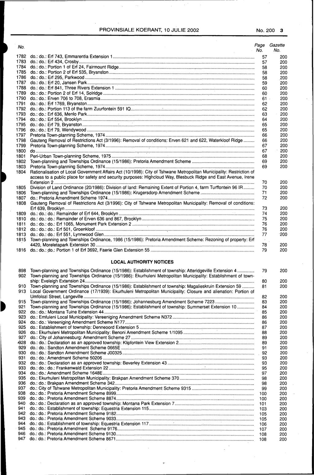 PROVINSIALE KOERANT, 10 JULIE 2002 No. 200 3 No. Page Gazette No. No. 1782 do.: do.: Erf 743, Emmarentia Extension 1... 57 200 1783 do.: do.: Erf 434, Crosby... 57 200 1784 dci.: do.: Portion 1 of Erf 24, Fairmount Ridge.