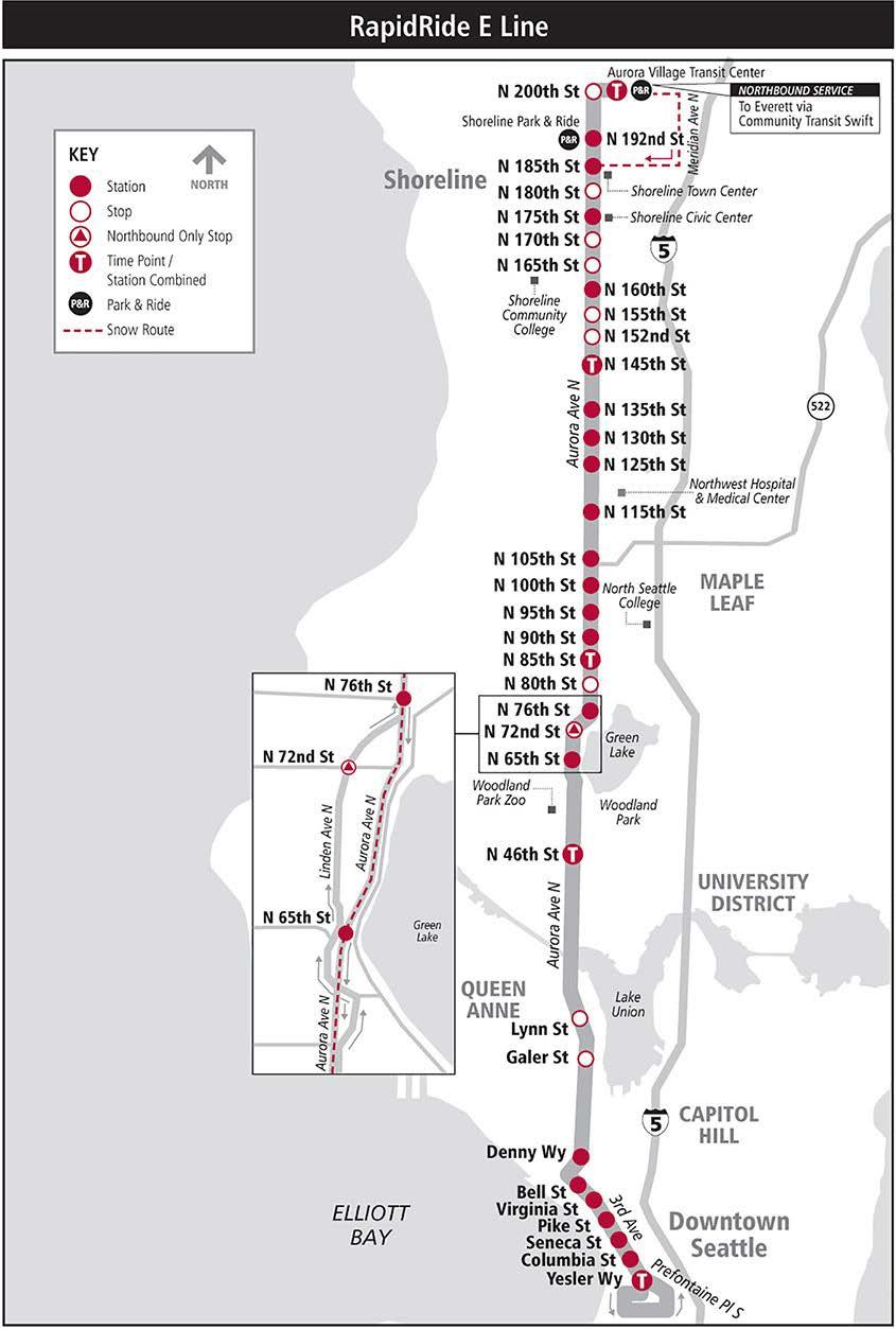 The RapidRide E Line connects Shoreline, North Seattle, and downtown Seattle along Aurora Avenue and serves customers with diverse socio-economic backgrounds.