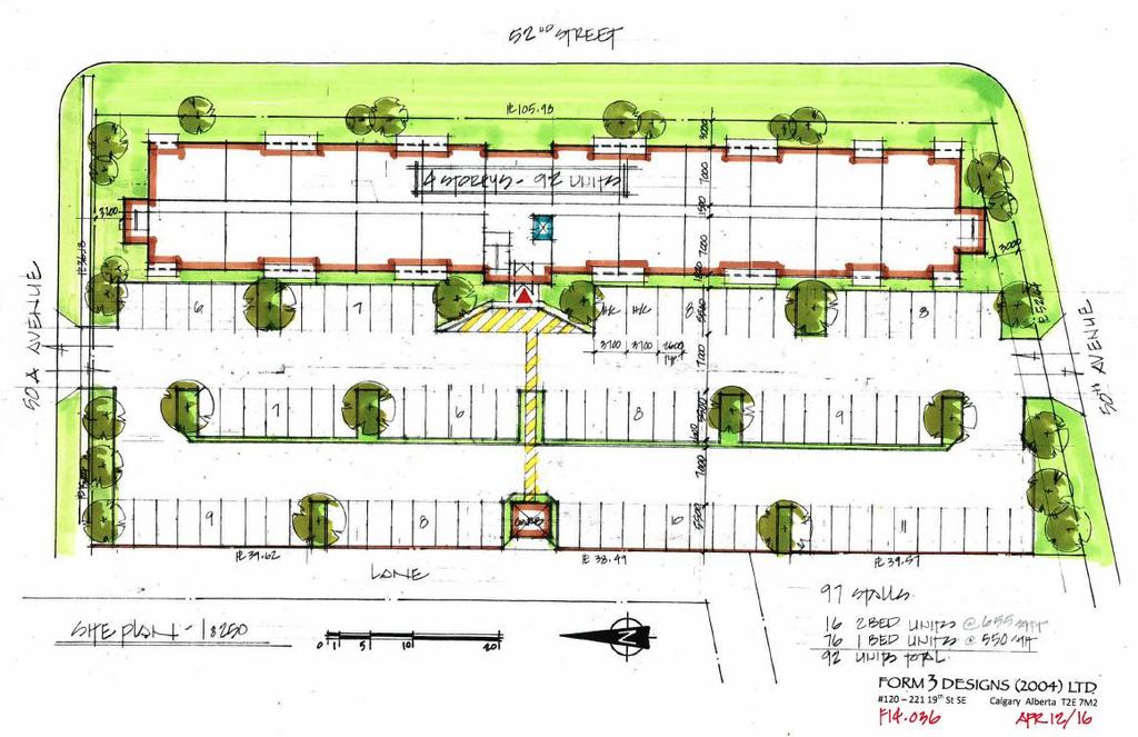 Schematic drawings for 92 units Conceptual Development: Density: 92 units 16 x 2 bedroom corner units (655sf) 76 x 1 bedroom units (550 sf) Parking: 97 surface stalls (no u/g parking