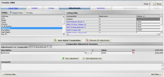 To make an adjustment, select a field from the left and enter the adjustment for each comparable property on the right.