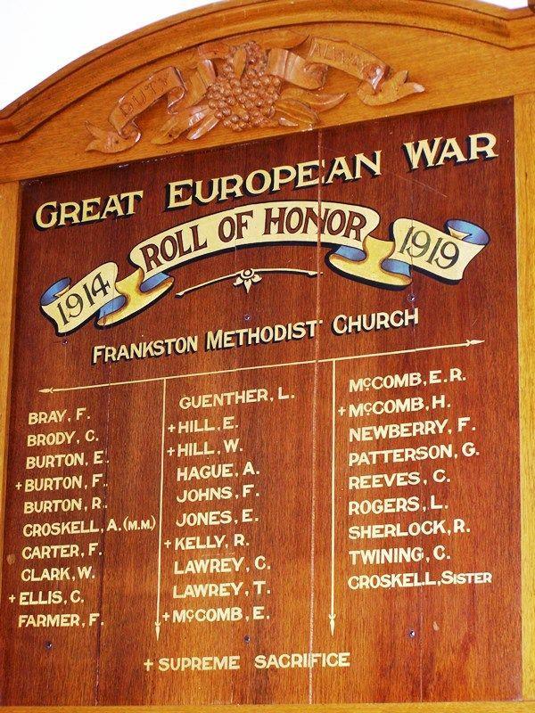 F. Carter is remembered on the Frankston Methodist Church Honour Roll, located in Frankston Uniting Church, 16-18 High Street, Frankston,