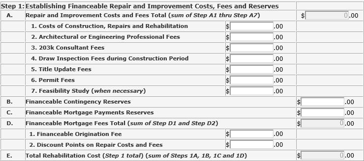 Step 1A: Repair and Improvement Costs and Fees Total (sum of Step A1