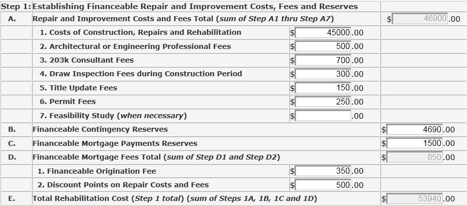 Step 1E: Total Rehabilitation Cost (Step 1 total) (sum of Steps 1A, 1B, 1C and 1D) for