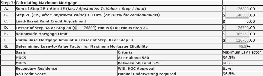 Step 3: Calculating Maximum Mortgage (Purchase - REO $100 Down) For a purchase case - REO $100 Down case: All fields in Step 3 are protected and calculated/populated by the system, except for Step 3C.