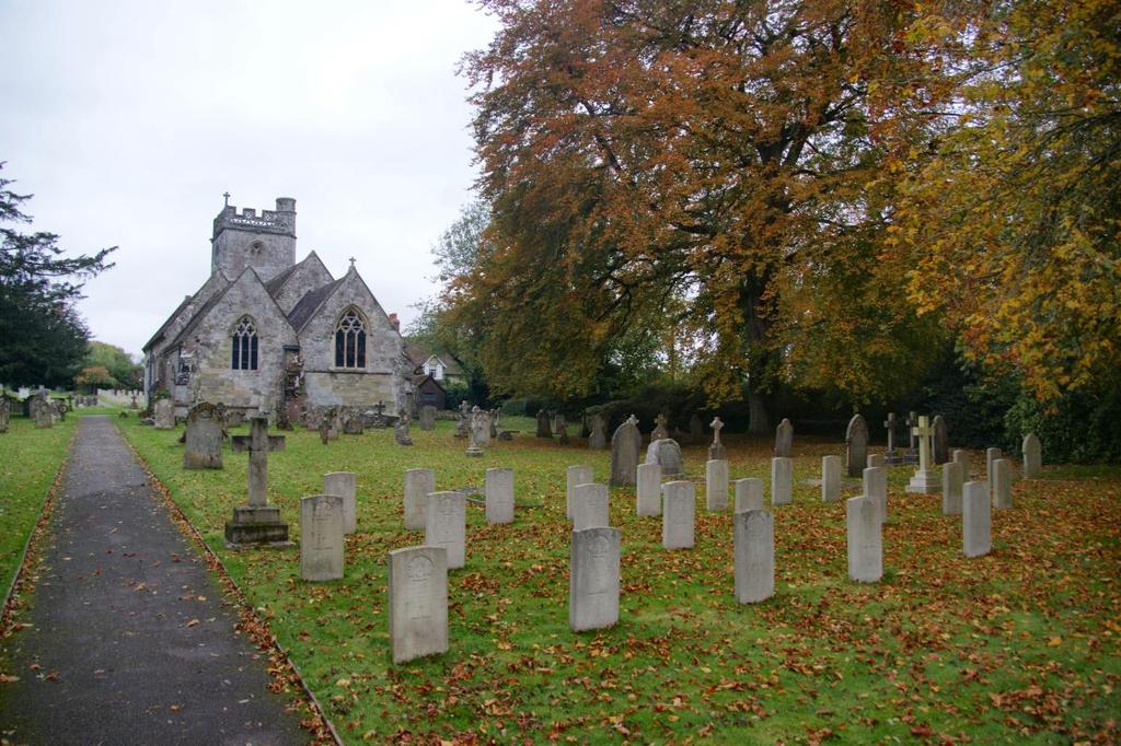 The war graves form two groups, one west of the church and the other at the east end. There is also one burial of the Second World War.