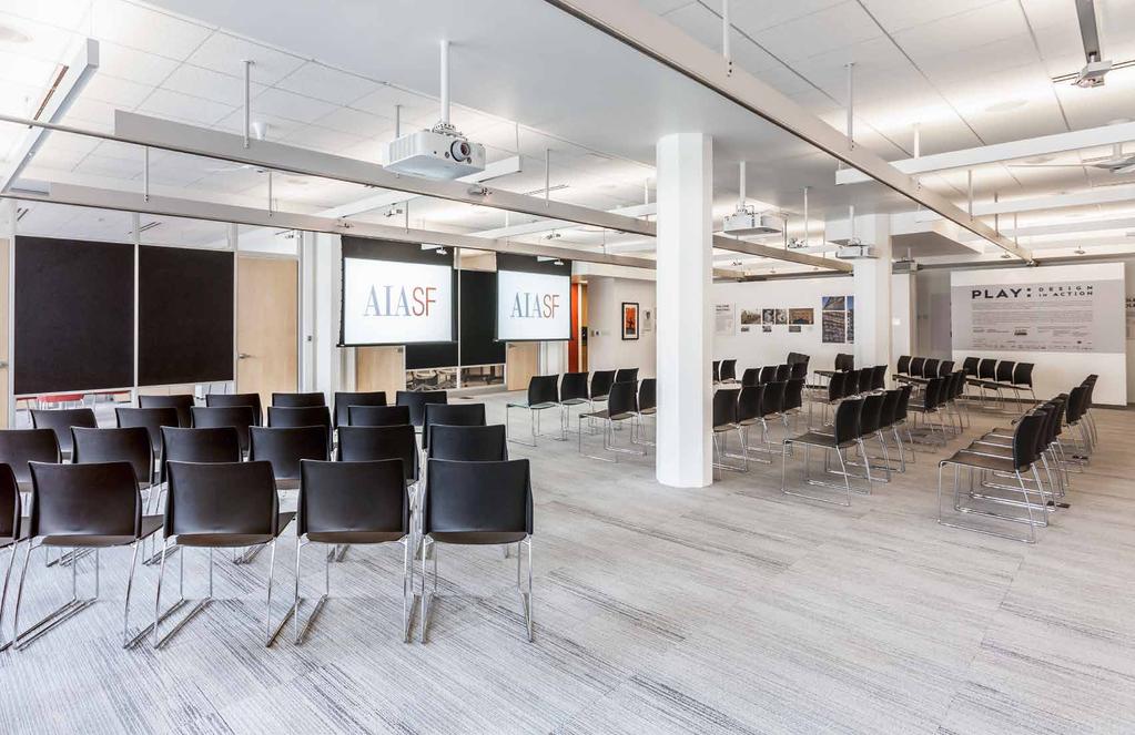 AIASF GALLERY lecture roomset INCLUDED IN YOUR SPACE RENTAL 4 Ceiling-Mounted Projectors Apple Adaptors 4 Ceiling-Mounted Wide-Screen Projector Screens 1 Mobile 55 Touch-Screen Display 2 Stationary