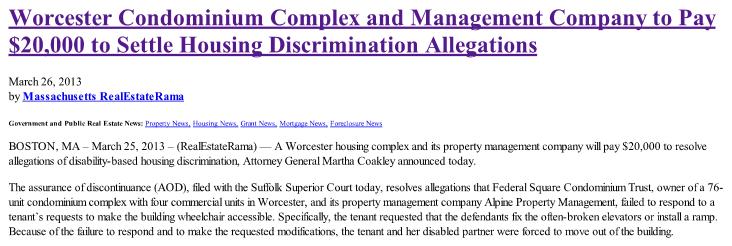 RECENT CASES March 2013: Massachusetts settlement over broken elevators