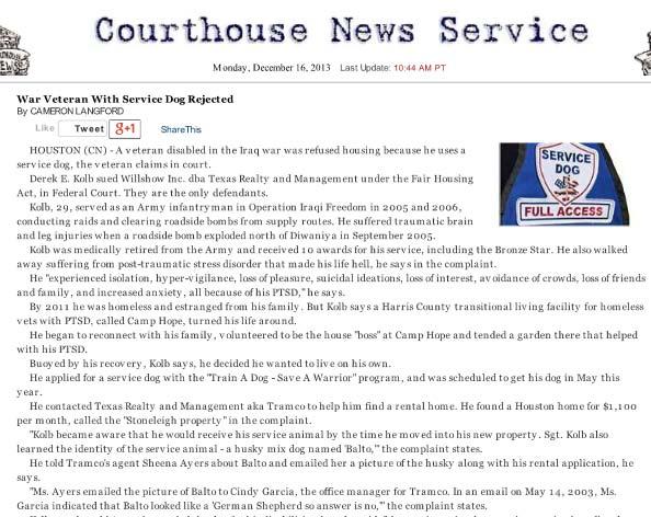 December 2013: Iraq War vet sues Texas real estate company over
