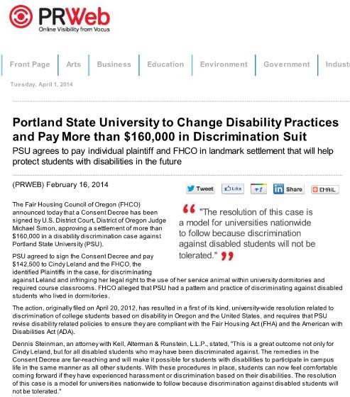 RECENT CASES February 2014: University settles with disabled student over service animal Leland v.