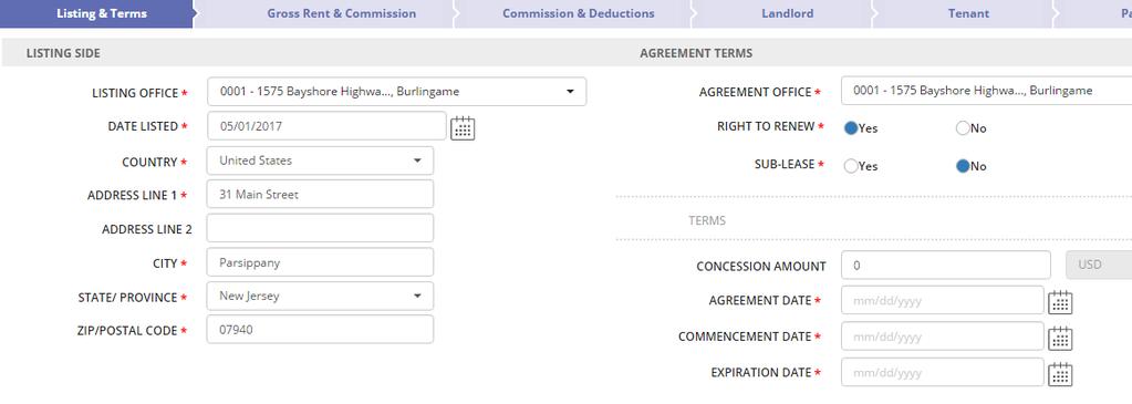 Listing & Terms Tab: 9. Enter the Agreement Terms.